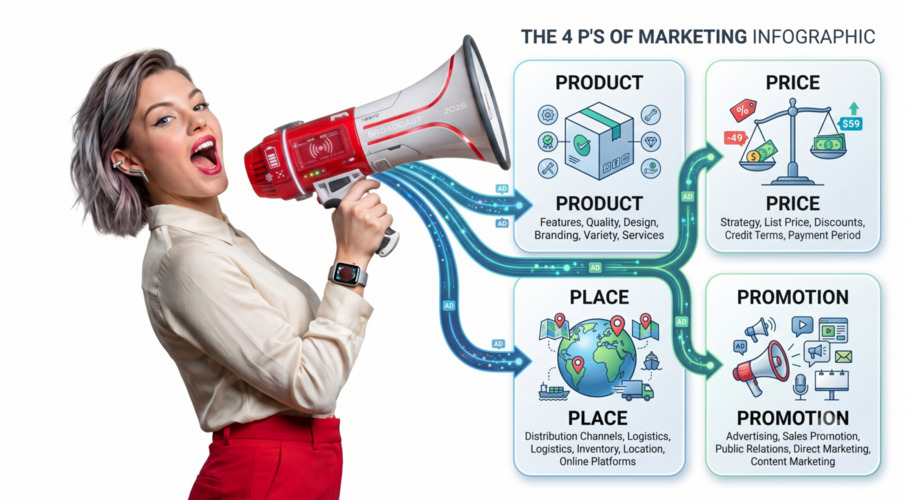 4 P's of Marketing Inforgraphic, Price, Place, Promotion, Product