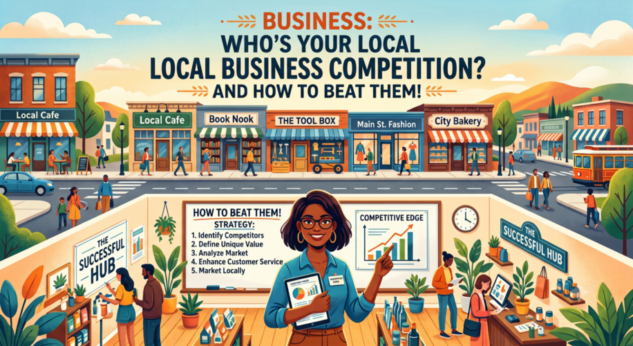 graphic showinf local shops in small town and who's your local business competition and how to beat them and a lady with a white board giving strategy tips