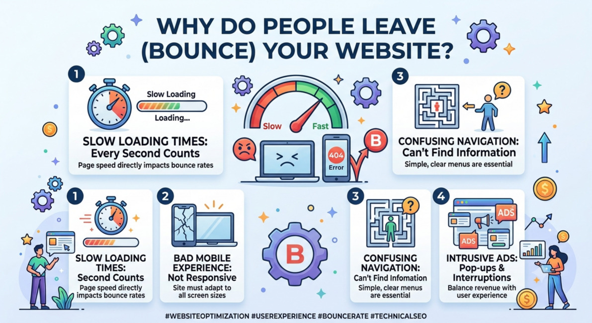 why do people leave /bounce your website infographic showing top reasons