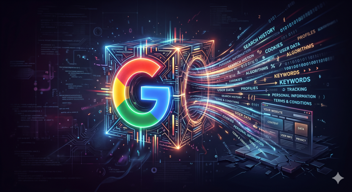 Conceptual digital art depicting a website losing traffic to a dominant, glowing Google AI search interface.