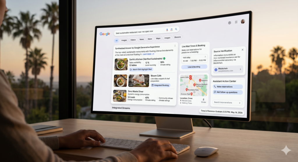 a computer desktop showing a demo of someone searching in Google and seeing the results. Person is in a condo with Santa Monica beach and sunset and palm trees in the background