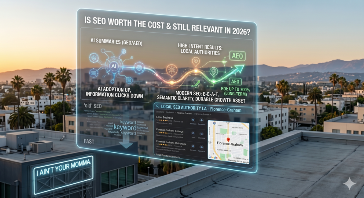 is seo relevant in 2026 places on a touch screen with a background of Santa Monica apartments at sunset