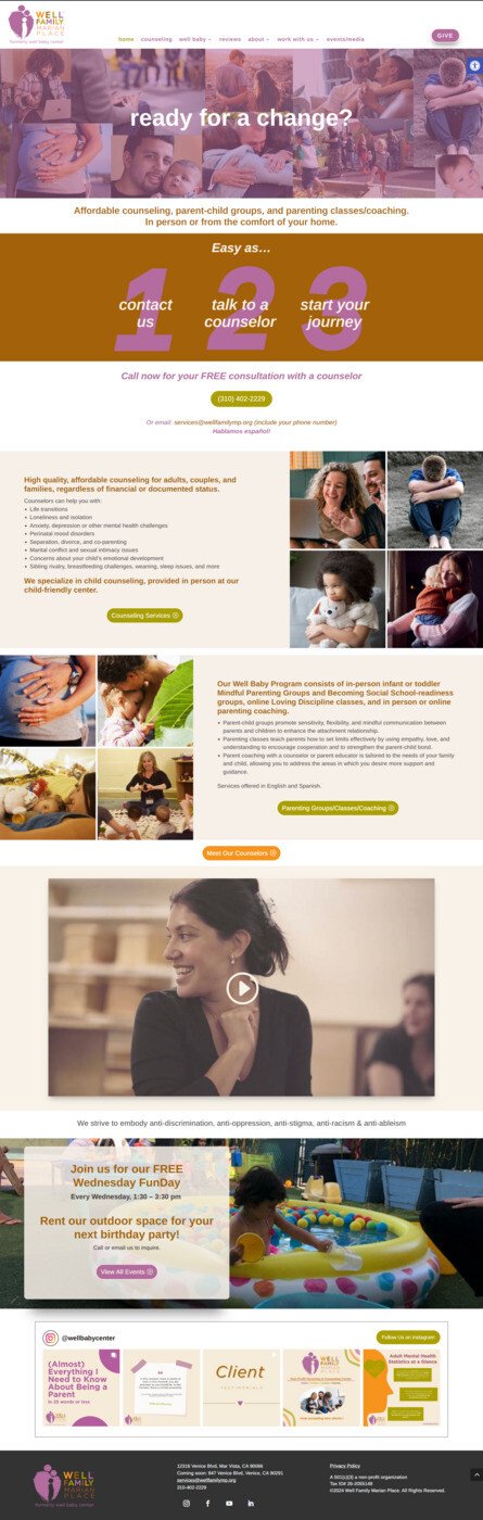 Screen capture of homepage of new website built for Well Family counseling in Venice CA