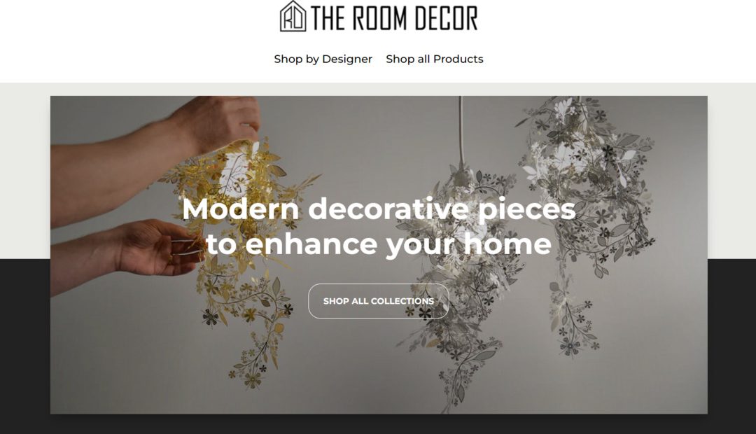 Ecommerce website screenshot of homepage hero section, site selling luxury decor