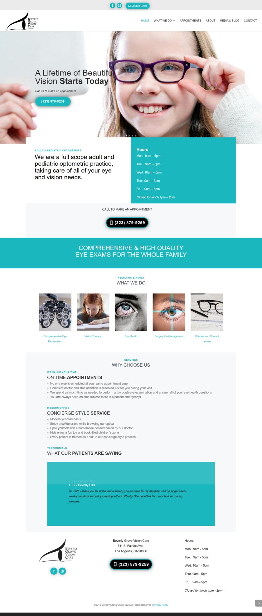 Screencaprute of website homepage built for an optometrist in Beverly Grove, Los Angeles