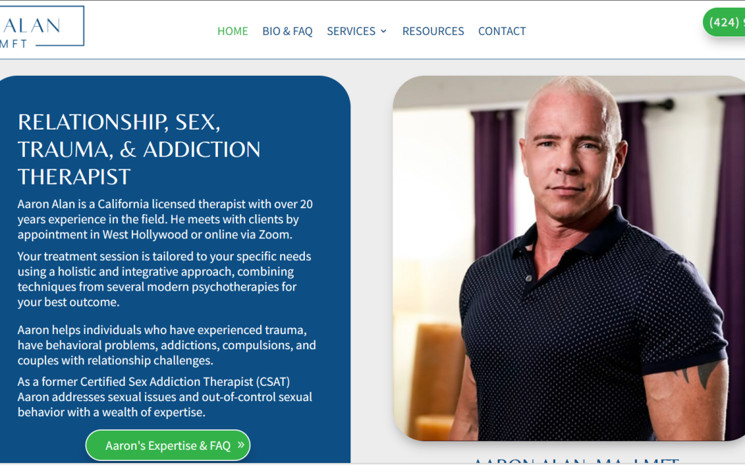Creenshot of homepage of hero image above the fold for a new website built for a Psychotherapist in west hollywood, showing headshot and text