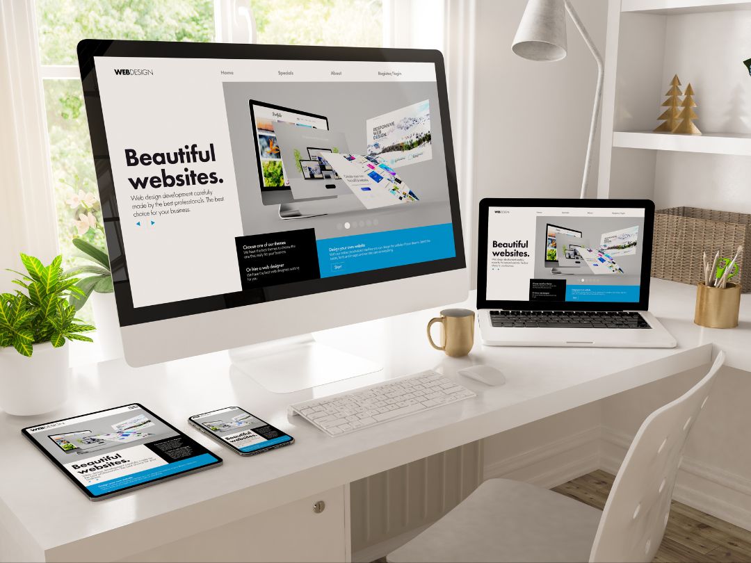 Desk in a home office with website dispalyed aon various devices