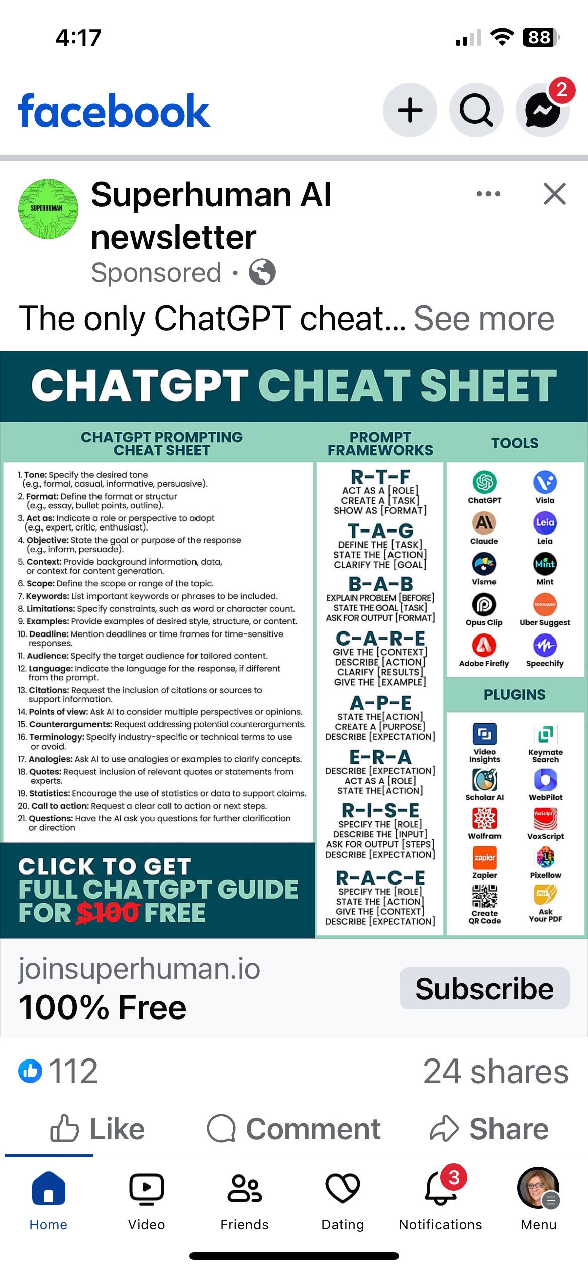 Super human Ai on Facebook cheat sheet from their newsletter