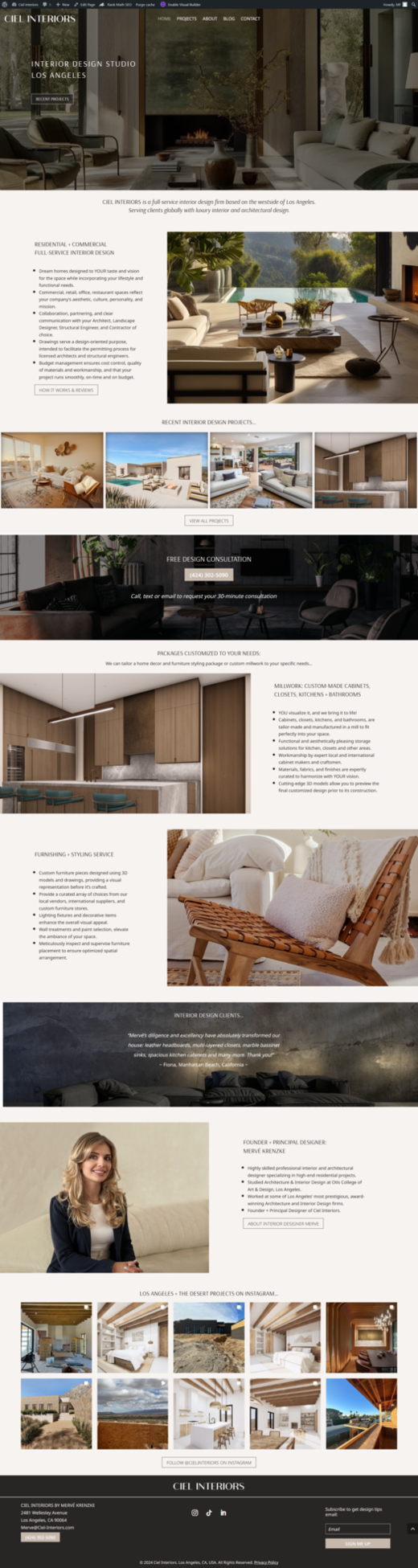 Screenshot of homepage od new WordPress website launched for interior designer in West Los Angeles, December 2024