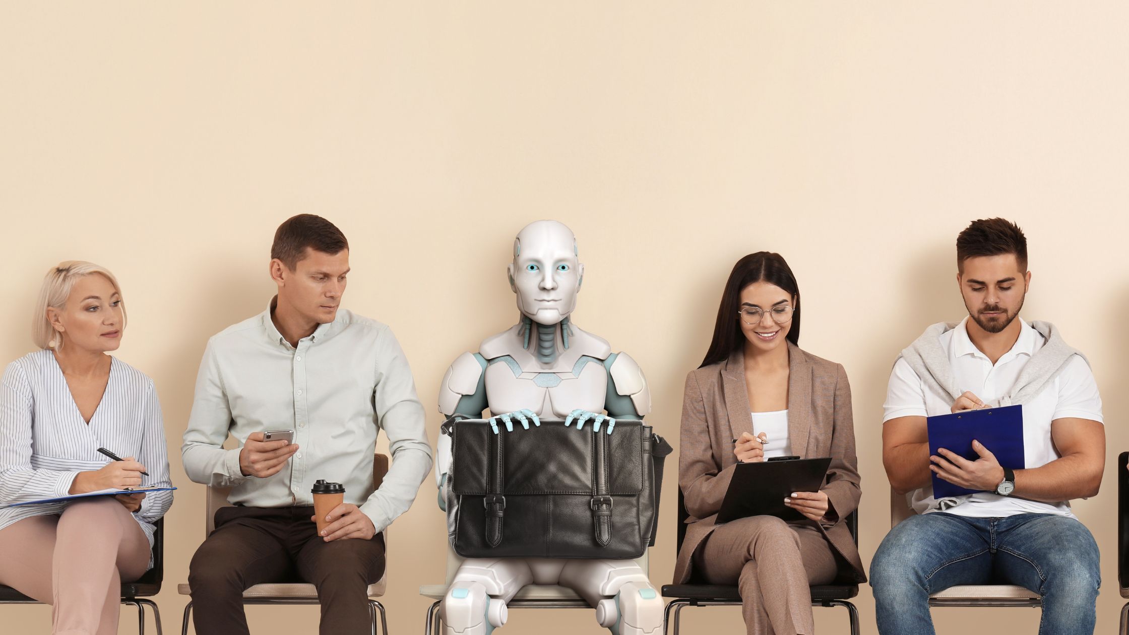 People searching online and an AI robot sitting down