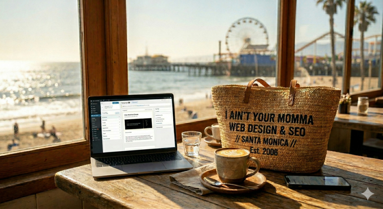 Nanao Banana image getting coffee with a client by Santa Monica Pier