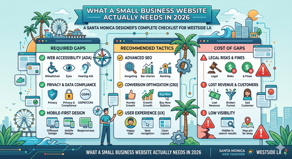 Nono banana genereated infographic showing What a Small Business Website Actually Needs in 2026: A Santa Monica designer's complete checklist for Westside LA small businesses What's required, what's recommended, and what it costs you to ignore the gaps.