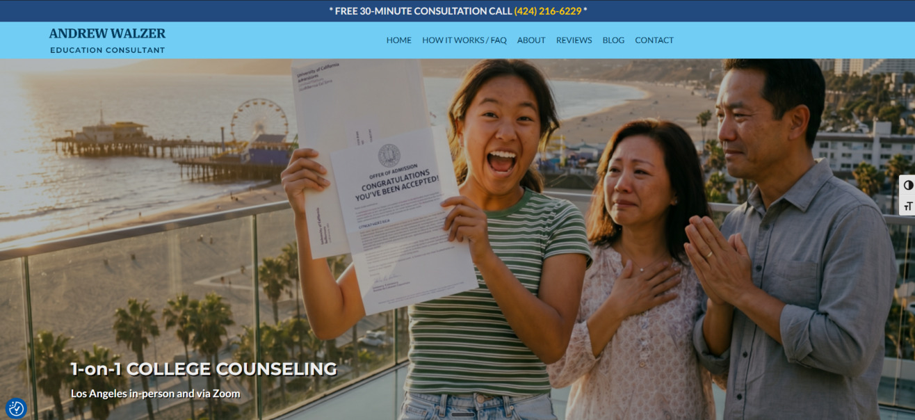 Home page screen grab of new website build for college counselor with Santa Monica beach and pier in the background
