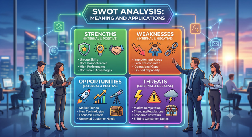infographic explainting Swot Analysis - S, W, O, T